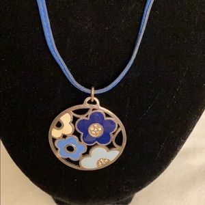 Flower enamel pendant with  leather  EUC